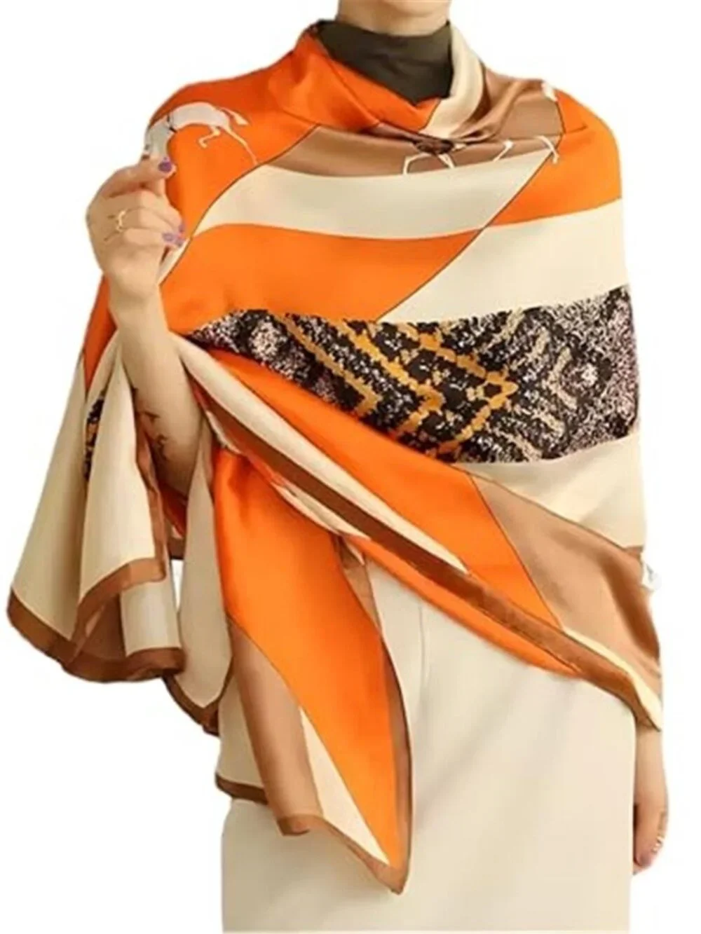 Orange Horse Print Scarf Women's Oversized Silky Shawl Lightweight Wrap